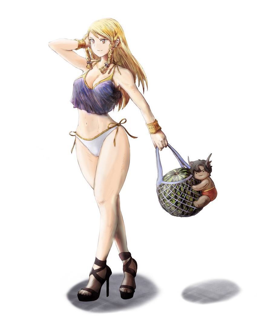 agrias_oaks ball basket beachball bikini black_footwear blonde_hair blue_bra bra braid breasts cleavage crop_top female final_fantasy final_fantasy_brave_exvius final_fantasy_tactics front-tie_bikini_top front-tie_top full_body hand_in_own_hair high_heels highres holding holding_basket jewelry long_hair medium_breasts namaketemash navel panties see-through_silhouette shadow side-tie_panties simple_background smile solo stuffed_toy swimsuit twin_braids underwear war_of_the_visions:_final_fantasy_brave_exvius watermelon_beachball white_background white_panties yellow_eyes