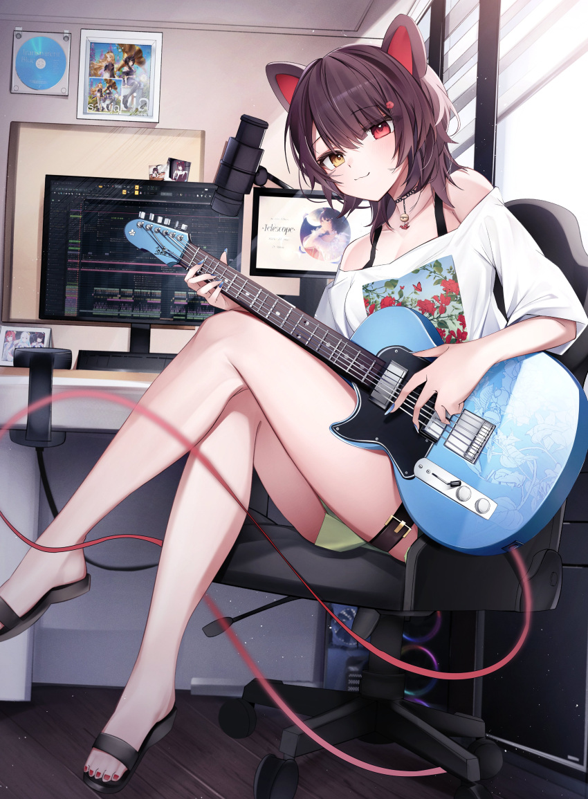 absurdres animal_ears black_footwear blue_nails brown_hair cable chair computer computer_tower desktop dog_ears dog_girl electric_guitar female fingernails fl_studio gaming_chair gibson_les_paul green_shorts guitar heterochromia highres instrument inui_toko inui_toko_(2nd_costume) jewelry left-handed long_fingernails medium_hair microphone necklace nijisanji off-shoulder_shirt off_shoulder playing_guitar red_eyes red_nails rgb_lights sandals shirt shorts simoxia sitting smile solo swept_bangs swivel_chair thigh_strap virtual_youtuber white_shirt yellow_eyes