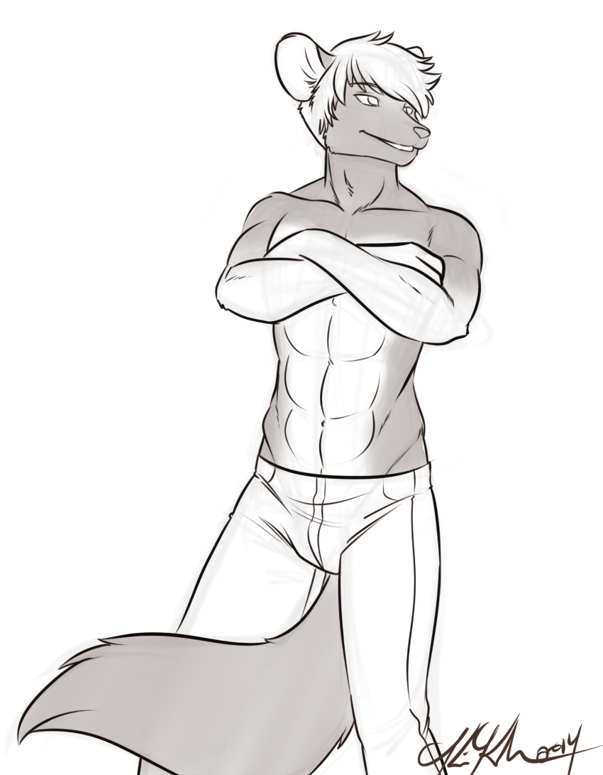 abs african_wild_dog anthro athletic biped bottomwear canid canine cashen clothed clothing denim denim_bottomwear denim_clothing fur hi_res jeans kathy-lu male mammal monochrome muscular muscular_anthro pants pose solo standing topless