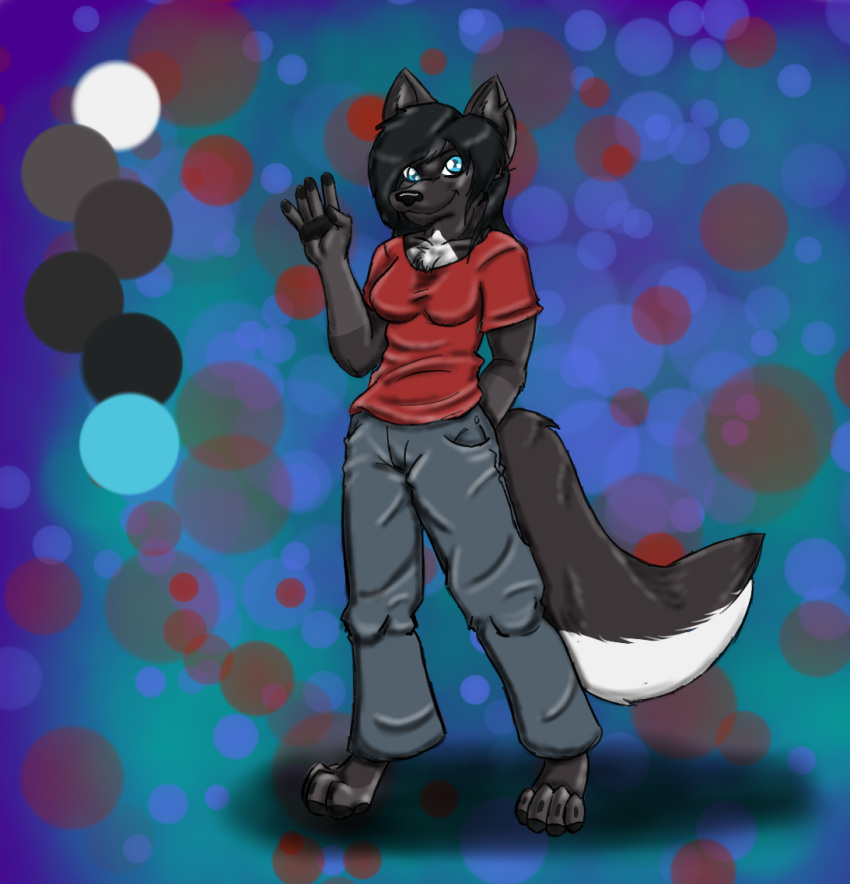 anthro bottomwear breasts canid canine canis clothing denim denim_bottomwear denim_clothing digital_media_(artwork) female frozen_over hindpaw jeans mammal model_sheet pants paws shirt solo topwear wolf zecky