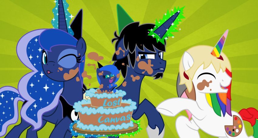 2014 alicorn blue_body blue_feathers cake dessert equid equine evilfrenzy fan_character feathered_wings feathers female feral food friendship_is_magic group hasbro hi_res horn male mammal my_little_pony mythological_creature mythological_equine mythology pop_out_cake princess_luna_(mlp) smile unicorn wings