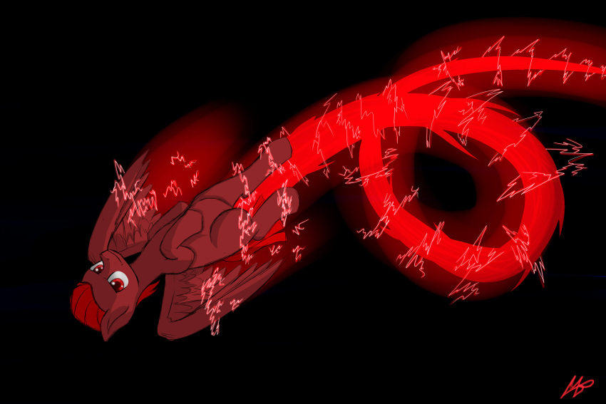 2013 3:2 black_background electric equid equine feathered_wings feathers flying fur glowing hair hasbro hi_res male mammal missredmoon1 my_little_pony mythological_creature mythological_equine mythology pegasus red_body red_eyes red_fur red_hair shaded signature simple_background solo wings