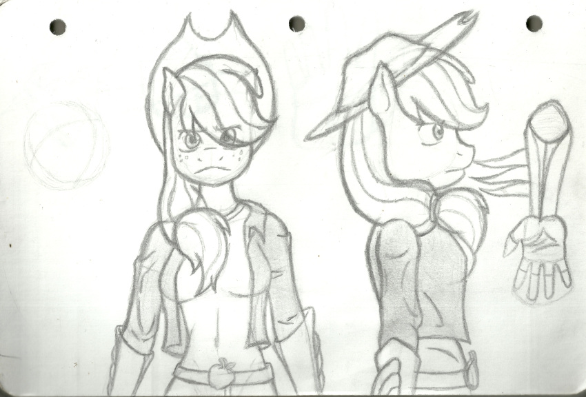 absurd_res anthro applejack_(mlp) earth_pony english_text equid equine female friendship_is_magic graphite_(artwork) greyscale hair hasbro hi_res horse mammal mishiranui-san model_sheet monochrome multicolored_hair my_little_pony pencil_(artwork) pony preview side_view sketch solo text traditional_media_(artwork)