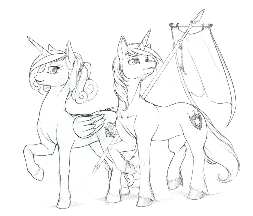 2014 alicorn cutie_mark duo equid equine feathered_wings feathers female feral friendship_is_magic hair hasbro horn line_art longinius male mammal monochrome my_little_pony mythological_creature mythological_equine mythology princess_cadance_(mlp) shining_armor_(mlp) simple_background smile standard traditional_media_(artwork) unicorn white_background wings