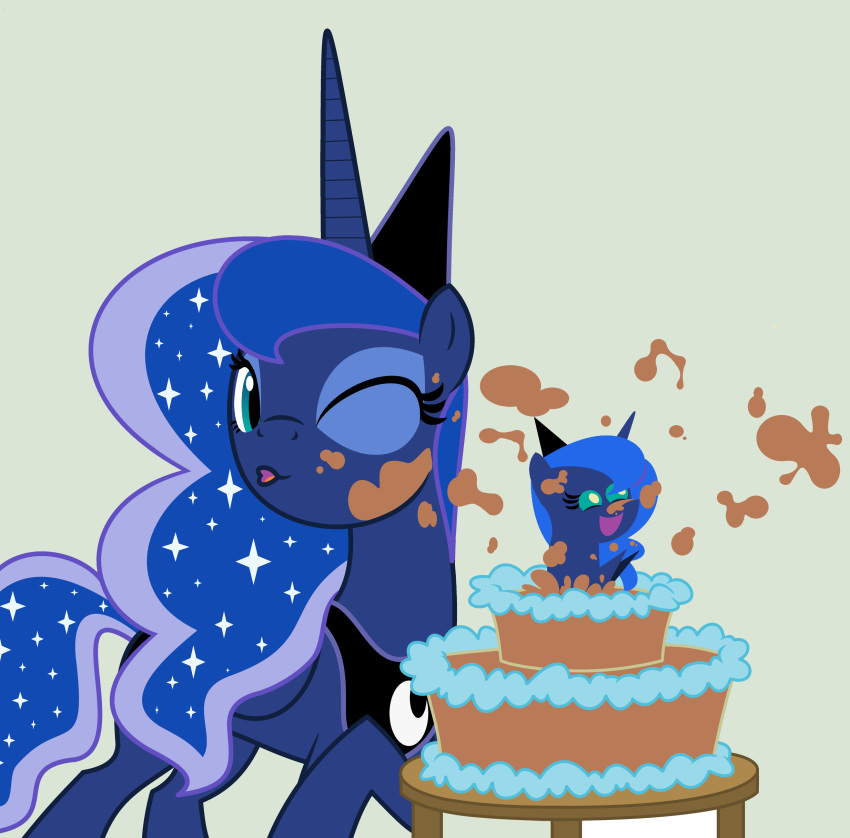 2014 absurd_res alicorn blue_body blue_feathers cake dessert duo equid equine evilfrenzy feathered_wings feathers female food friendship_is_magic hasbro hi_res horn mammal my_little_pony mythological_creature mythological_equine mythology pop_out_cake princess_luna_(mlp) smile square_crossover unicorn wings