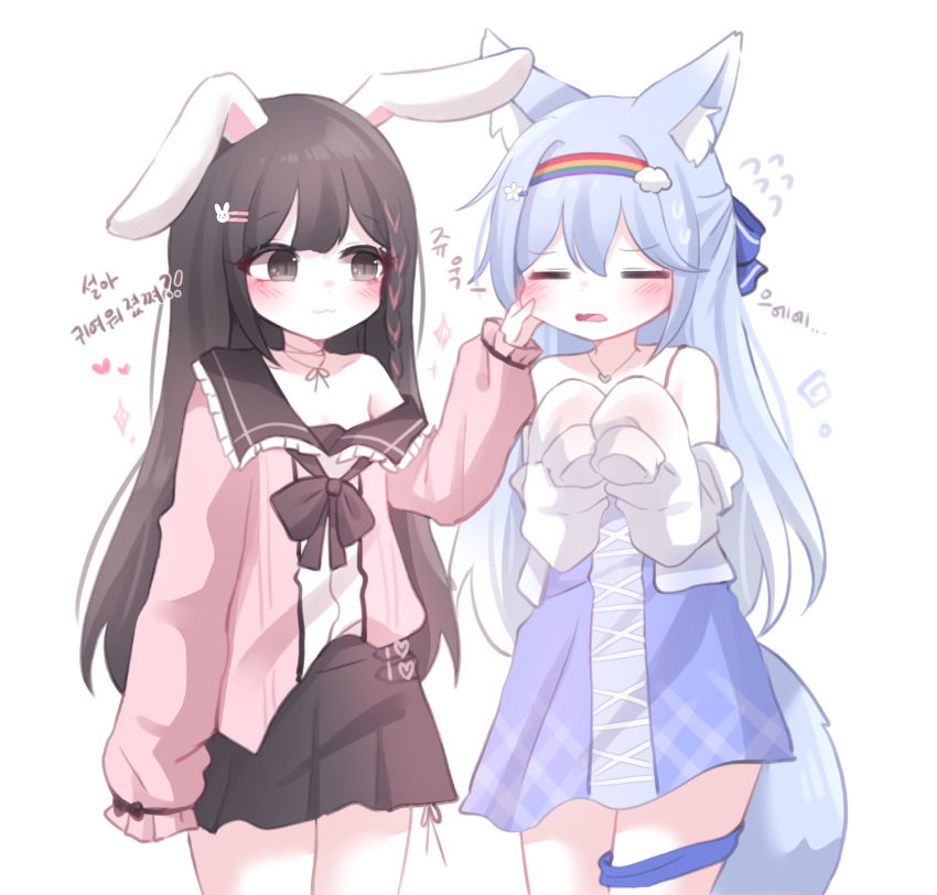 2girls :3 animal_ear_fluff animal_ears bare_shoulders black_skirt blue_hair blue_nightgown blush brown_eyes brown_hair cheek_pinching closed_eyes closed_mouth cloud_hair_ornament commentary_request commission cowboy_shot dot_nose fake_animal_ears flower fox_ears fox_girl fox_tail hair_between_eyes hair_flower hair_ornament heart highres honyang jewelry long_bangs long_hair looking_at_another miniskirt multiple_girls neck_ribbon nightgown off_shoulder original own_hands_together pendant pinching pink_shirt rabbit_ears rainbow_hairband raised_eyebrows ribbon shirt sidelocks simple_background skirt sleeves_past_fingers sleeves_past_wrists sparkle tail thigh_strap translation_request variant_set white_background white_shirt