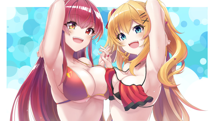 2girls akai_haato akai_haato_(hololive_summer_2019) aqua_background aqua_eyes arm_up armpits bikini blonde_hair blush border breast_press breasts bubble_background collarbone commentary_request eyelashes frilled_bikini frills gold_trim hair_ornament hairclip heterochromia highres hololive houshou_marine houshou_marine_(summer) large_breasts long_hair looking_at_viewer multiple_girls official_alternate_costume ooike_teru open_mouth presenting_armpit red_bikini red_eyes red_hair sidelocks skindentation smile sweatdrop swimsuit symmetrical_docking teeth twintails two_side_up underboob upper_body upper_teeth_only virtual_youtuber white_border yellow_eyes