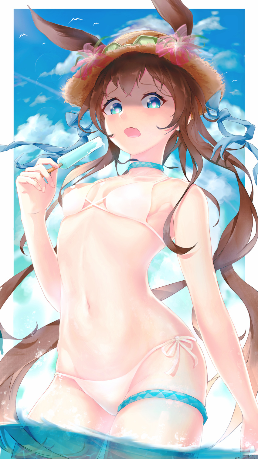 absurdres amiya_(arknights) animal_ears arknights bikini blue_eyes blue_sky breasts brown_hair chinese_commentary choker cloud commentary_request day ears_through_headwear female food hat highres holding holding_food long_hair looking_at_viewer md5_mismatch navel ocean open_mouth outdoors popsicle rabbit_ears resolution_mismatch shaded_face shiny_skin side-tie_bikini_bottom sky small_breasts solo source_smaller straw_hat string_bikini sunglasses swimsuit thighlet wangzili_shitoumen white_bikini