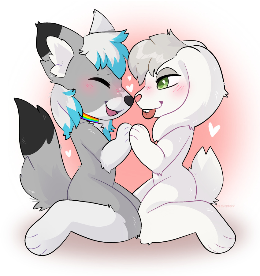 anthro belovedfoxx blep blush boop canid canine canis closed_eyes dante_kinkade duo hand_holding happy heart_symbol hi_res kneeling lagomorph leporid male male/male mammal nose_boop rabbit tongue tongue_out wolf zack_(thezackrabbit)