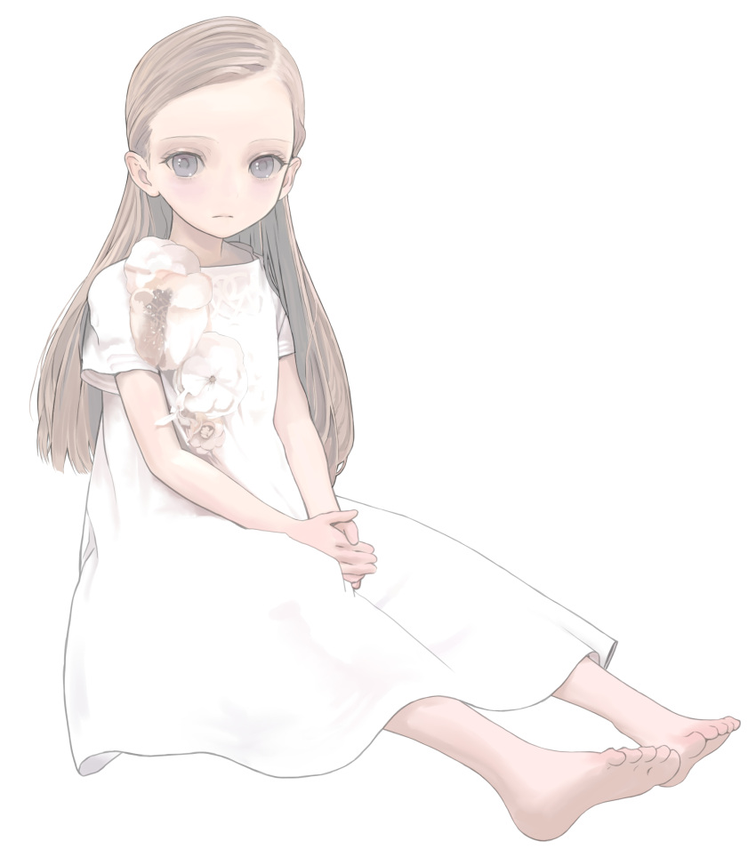 barefoot blush dress expressionless feet female full_body grey_eyes highres light_brown_hair long_hair looking_at_viewer mocha_(snowflake) original own_hands_clasped own_hands_together simple_background sitting soles solo toes white_background white_dress