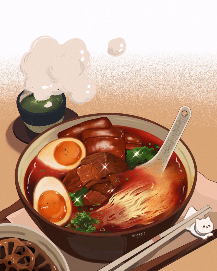 bowl chopstick_rest chopsticks cup drink egg egg_(food) english_commentary food food_focus garnish green_tea highres lotus_root meat mlygose no_humans noodles original realistic simple_background softboiled_egg soup sparkle spoon spring_onion steam still_life tea vegetable