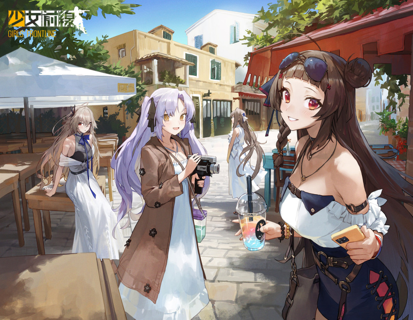 4girls arms_behind_back artist_request aug_para_(girls'_frontline) aug_para_(river_trekking_in_fall)_(girls'_frontline) back bad_link bag bare_shoulders belt bench black_belt black_choker black_dress black_ribbon blonde_hair blue_bow blue_bowtie blue_skirt blush bow bowtie bracelet braid brown_belt brown_coat brown_hair camera cellphone choker city closed_mouth coat commentary_request copyright_name crossed_bangs cup dress eyewear_on_head feet_out_of_frame girls'_frontline hair_bun hair_ornament hair_ribbon hairclip highres holding holding_camera holding_cup holding_phone jewelry light_brown_hair light_purple_hair long_hair looking_at_viewer looking_away model_l_(girls'_frontline) model_l_(up_into_the_blue_sky)_(girls'_frontline) multicolored_clothes multicolored_hair multiple_girls necklace official_alternate_costume official_art open_clothes open_coat open_mouth outdoors phone promotional_art red_eyes rex_zero_1_(girls'_frontline) rex_zero_1_(heart-aflutter_trilogy)_(girls'_frontline) ribbon scenery single_braid single_side_bun sitting skirt smartphone smile sp9_(girls'_frontline) sp9_(slumbering_starry_dream)_(girls'_frontline) standing sunglasses table twintails white_dress white_ribbon yellow_eyes