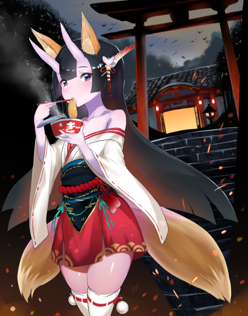 animal_ears black_hair black_sash blunt_bangs blush chopsticks colored_skin cowboy_shot cup_ramen eating female food fox_ears hakama hakama_short_skirt hakama_skirt highres holding holding_chopsticks horns instant_udon japanese_clothes long_hair long_sleeves looking_at_viewer maruchan_akai_kitsune_udon miniskirt noodles obi off_shoulder oni oni_horns purple_skin red_eyes sash skirt solo stairs standing thighhighs torii unizou viprpg white_thighhighs wide_sleeves