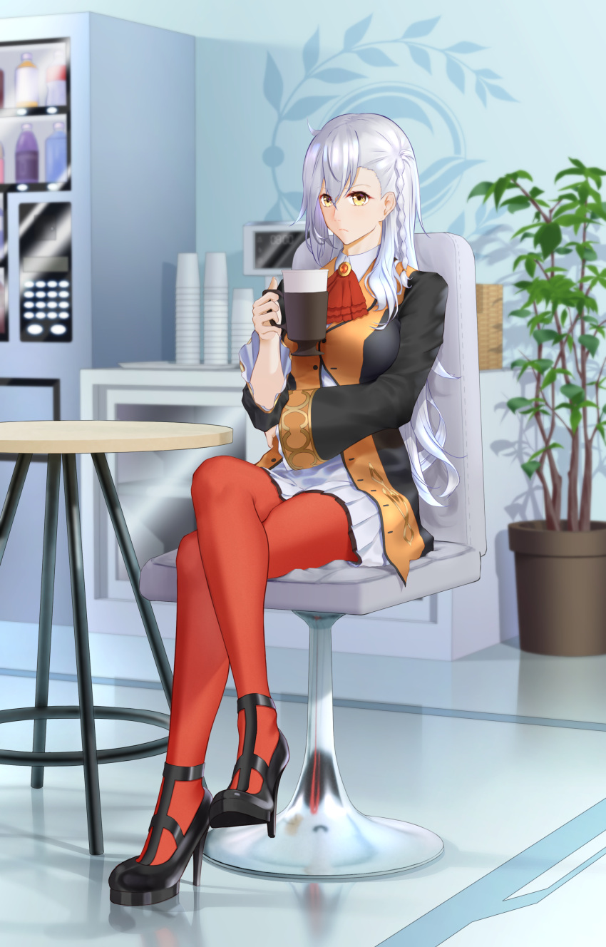 absurdres arm_around_waist ascot ash_(skyafter) black_footwear braid chair crossed_legs cup disposable_coffee_cup disposable_cup fate/grand_order fate_(series) female frilled_sleeves frills grey_hair hair_between_eyes high_heels highres jacket long_hair looking_at_viewer olga_marie_animusphere pantyhose plant potted_plant red_pantyhose side_braid skirt solo table vending_machine wicker_basket wide_sleeves yellow_eyes