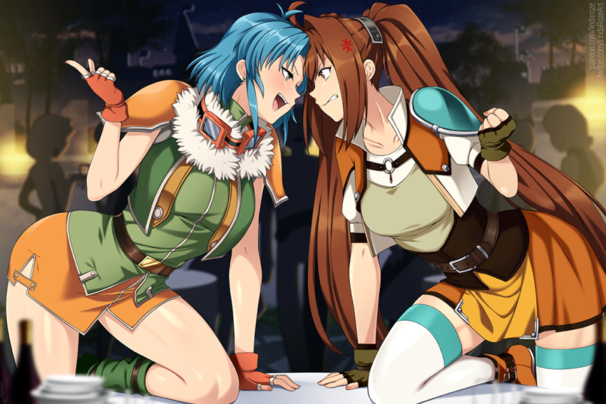 2girls :d anger_vein angry arm_support armor belt blue_hair boots breasts brown_hair eiyuu_densetsu estelle_bright eye_contact fingerless_gloves gloves josette_capua light_blush lindaroze long_hair looking_at_another multiple_girls night orange_skirt outdoors shoulder_armor sideways_mouth skirt smile sora_no_kiseki table thighhighs twintails very_long_hair