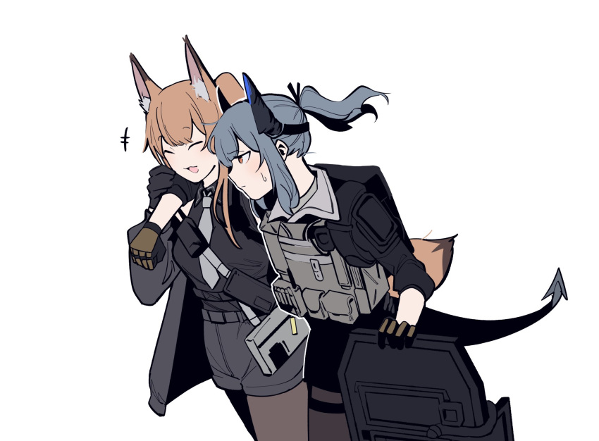 +++ 2girls :3 :d animal_ear_fluff animal_ears arknights arm_around_shoulder black_gloves black_pantyhose black_shirt black_shorts blush brown_hair closed_eyes cowboy_shot dragon_girl dragon_horns dragon_tail fox_ears fox_girl fox_tail franka_(arknights) gloves grey_hair grey_necktie highres holding horns lelioz liskarm_(arknights) liskarm_(overload)_(arknights) long_hair multiple_girls necktie official_alternate_costume open_mouth orange_eyes pantyhose pantyhose_under_shorts ponytail profile shirt shorts sidelocks simple_background smile sweatdrop tactical_clothes tail vest walking white_background