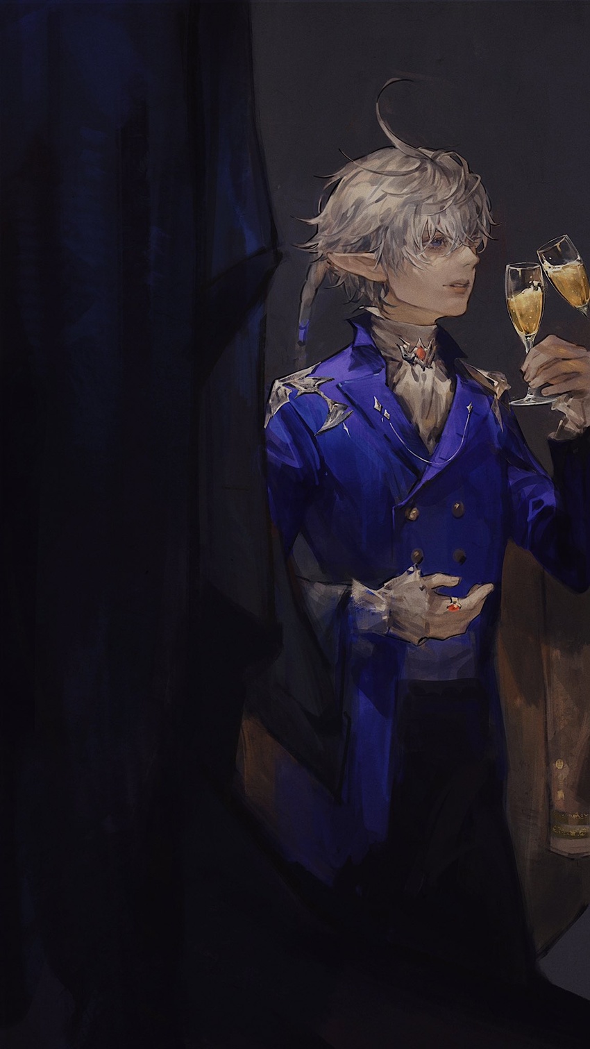 1boy alphinaud_leveilleur antenna_hair black_pants blue_coat blue_eyes buttons coat commentary_request crossed_bangs cup curtains drinking_glass elezen elf final_fantasy final_fantasy_xiv formal gloves highres holding holding_cup jewelry long_sleeves looking_to_the_side male_focus medium_hair pants parted_lips pointy_ears ponytail ring shirt solo sukly toasting_(gesture) white_gloves white_hair white_shirt