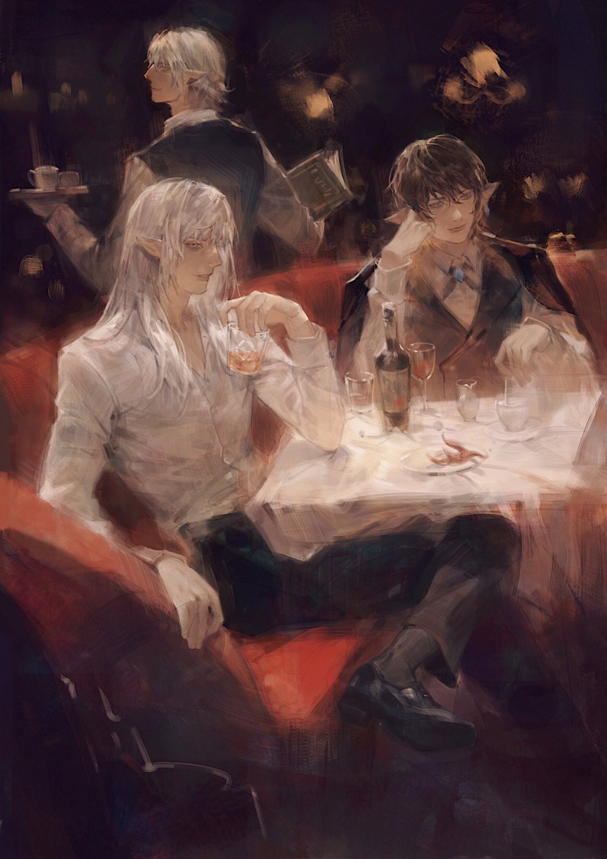 3boys aymeric_de_borel black_coat black_footwear black_hair black_pants black_vest bottle coat collared_shirt commentary couch crossed_legs cup drinking_glass earrings elezen elf estinien_varlineau final_fantasy final_fantasy_xiv formal grey_eyes hand_on_own_cheek hand_on_own_face haurchefant_greystone highres holding holding_cup holding_tray indoors jewelry leaning_on_table long_hair long_sleeves looking_back looking_to_the_side male_focus menu multiple_boys pants plate pointy_ears shirt short_hair sitting smile suit sukly symbol-only_commentary table tablecloth tray vest waiter white_hair white_shirt wine_bottle wine_glass