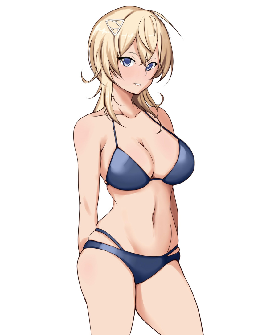 arms_behind_back bikini blonde_hair blue_bikini blue_eyes breasts cleavage contrapposto cowboy_shot female hair_ornament hairclip highres kantai_collection large_breasts navel one-hour_drawing_challenge short_hair simple_background solo sora_(sora_clear_sky) swimsuit tuscaloosa_(kancolle) white_background