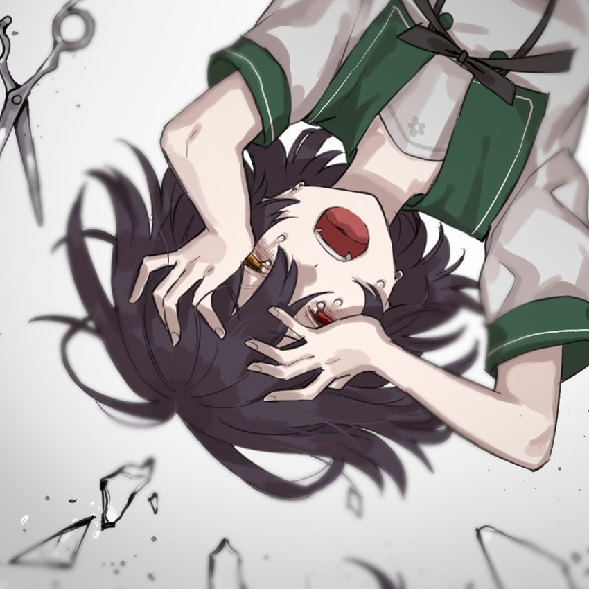 aged_down black_hair broken_glass crying crying_with_eyes_open ensemble_girls! female glass glass_shards heterochromia kimisaki_school_uniform kuromori_suzu neckerchief open_mouth red_eyes sailor_collar school_uniform scissors serafuku shards short_hair solo sumibiya_yasain tears yellow_eyes