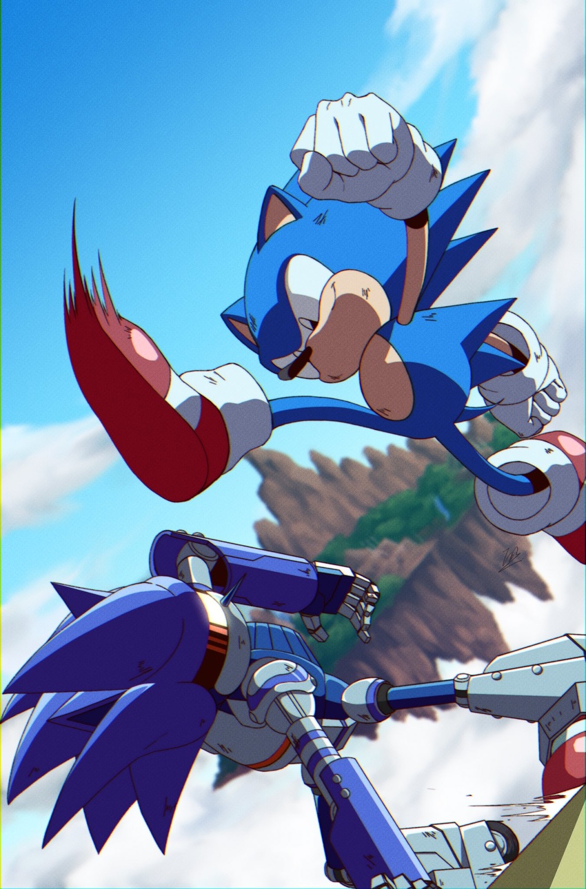 2boys banel_springer battle black_eyes blue_sky cloud commentary day english_commentary furry furry_male gloves highres humanoid_robot in-universe_location kicking male_focus mecha_sonic_mkii multiple_boys red_footwear robot shoes sky sneakers sonic_&_knuckles sonic_(series) sonic_the_hedgehog sonic_the_hedgehog_(classic) white_gloves