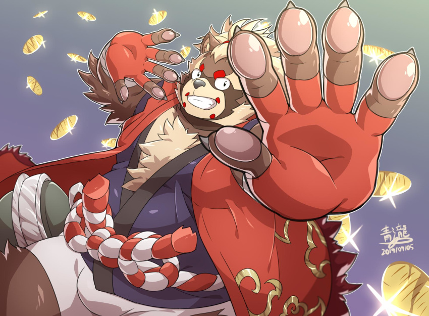 2019 anthro barazoku belly bottomwear brown_body brown_fur canid canine clothing fur goemon_(tas) hi_res humanoid_hands lifewonders male mammal overweight overweight_anthro overweight_male raccoon_dog robe shorts simple_background solo subaru_aotk tanuki teeth tokyo_afterschool_summoners