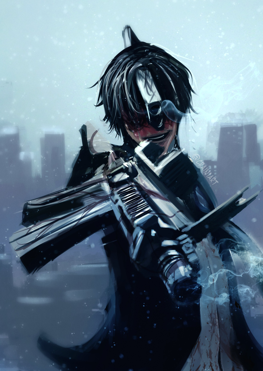 1boy absurdres aiming aiming_at_viewer assault_rifle black_hair black_jacket bleeding_from_forehead blood blood_on_face blue_sky building chainsaw_man cloud crain1art fog formal gun gun_fiend_(chainsaw_man) handgun hayakawa_aki highres holding holding_gun holding_weapon jacket light_particles m4_carbine male_focus open_mouth pointing_gun rifle shirt short_hair sky smoke solo spoilers suit twitter_username weapon white_shirt