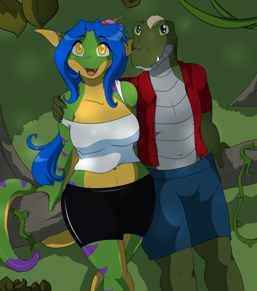 absurd_res anthro arm_around_shoulders big_breasts blue_eyes blue_hair bottomwear breasts cainesart clothed clothing countershading crocodile crocodilian crocodylid crossed_legs detailed_background digital_media_(artwork) duo female flower forest gecko geecku grass green_body hair happy hi_res huge_breasts las_lindas lizard looking_at_viewer male midriff mogmaw navel non-mammal_breasts off_shoulder open_mouth outside plant purple_stripes reptile scalie shirt shorts skimpy smile spandex spandex_shorts standing stripes tail thick_thighs tight_bottomwear tight_clothing tight_shorts tongue topwear tree white_hair wide_hips yellow_body yellow_eyes