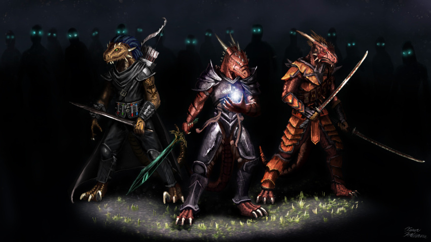 16:9 2014 3_toes anthro argonian armor arrow_(weapon) bethesda_game_studios biped bow_(weapon) claws clothed clothing dark digitigrade feathers feet group hi_res holding_melee_weapon holding_object holding_sword holding_weapon horn lizard lordhannu magic male melee_weapon microsoft noxix-ei quiver_(object) raised_claws ranged_weapon reptile rogue sairaks scalie skyrim spykezap standing sword tattoo the_elder_scrolls toes undead warrior weapon widescreen