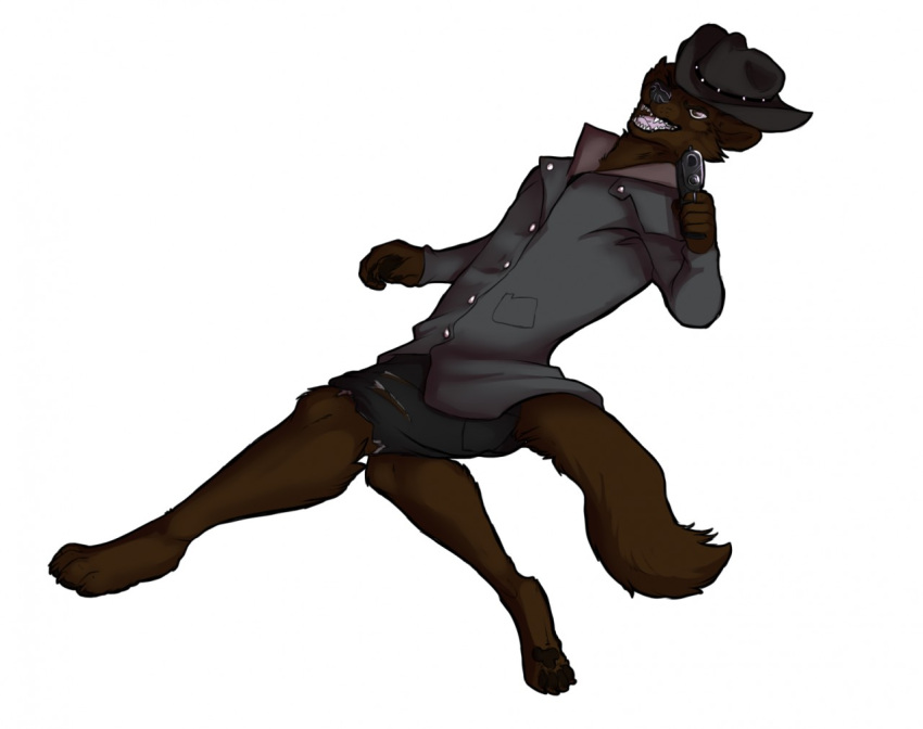 2014 anthro barefoot biped bottomwear brown_body brown_fur canid canine canis clothing cowboy_hat digital_media_(artwork) duster_coat dutch_angle feet fur grin gun hair handgun hat headgear headwear m1911 male mammal open_mouth pistol ranged_weapon running shapeshifterprincess shorts simple_background smile solo teeth torn_clothing weapon white_background wolf