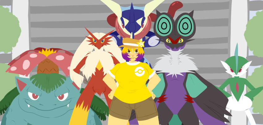 amphibian anthro avian big_breasts bird blaziken bottomwear breasts clothed clothing featureless_chest female front_view fully_clothed gallade generation_1_pokemon generation_3_pokemon generation_4_pokemon generation_6_pokemon greninja group heyitshappydoodles hi_res human humanoid lineless male mammal nintendo noivern pokemon pokemon_(species) pokemon_trainer pose shirt shorts team_pose topwear venusaur