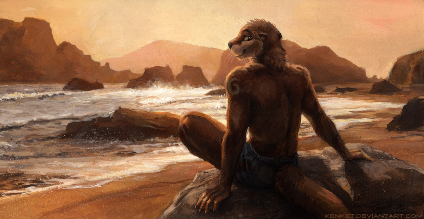 2014 anthro bayshore beach biped black_nose brown_body brown_fur claws clothed clothing detailed_background fur furgonomics kenket looking_at_viewer looking_back male mammal mustelid otter outside painting_(artwork) rear_view rock sand sea seaside sitting smile solo sunset swimwear tail tail_clothing tattoo thick_tail topless traditional_media_(artwork) water whiskers