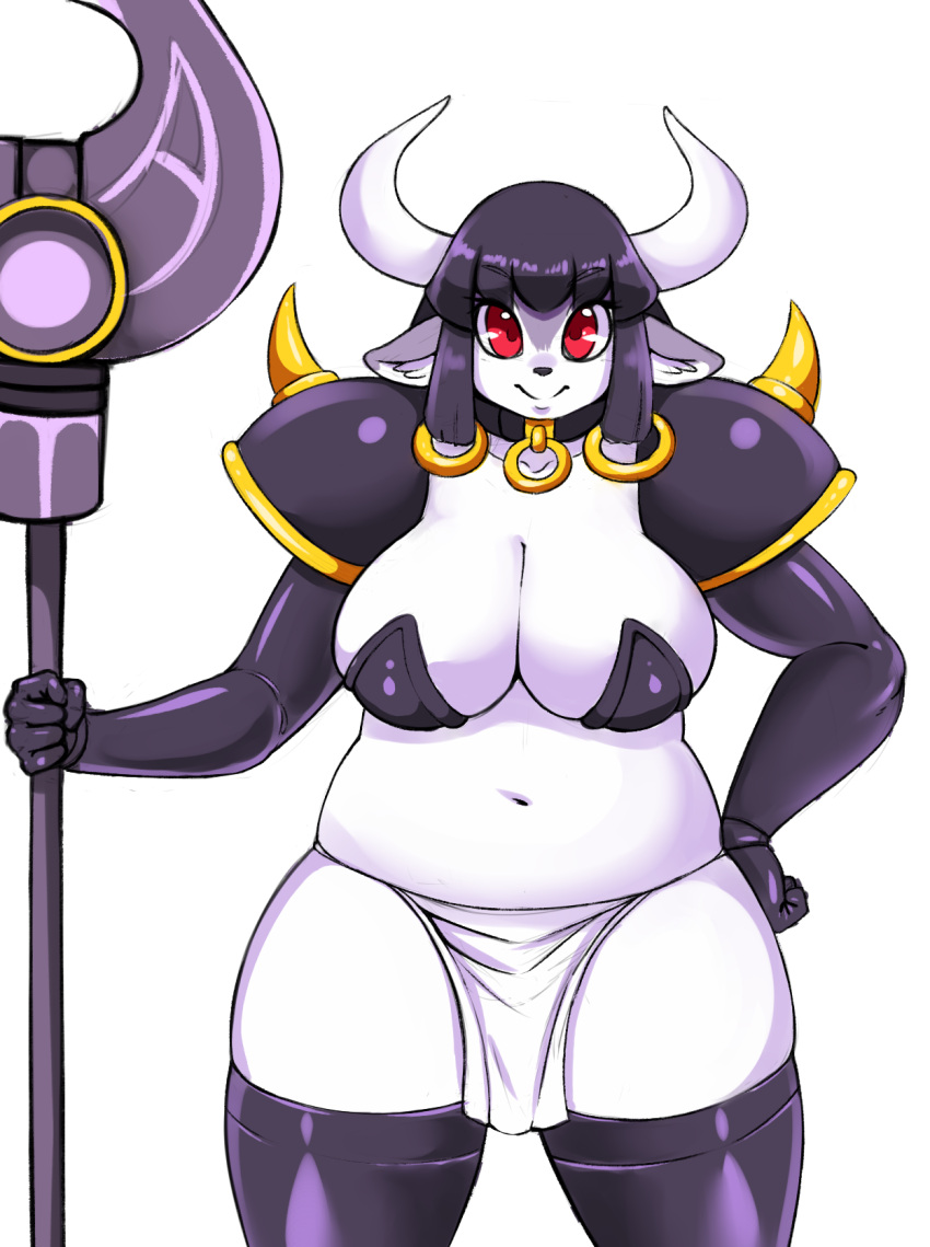 anthro armor black_hair bovid bovine breasts cattle cleavage clothed clothing cowra_(sorcerland) female hair hi_res horn looking_at_viewer mammal meganemausu murid navel red_eyes rodent simple_background solo sorcerland thick_thighs weapon white_background