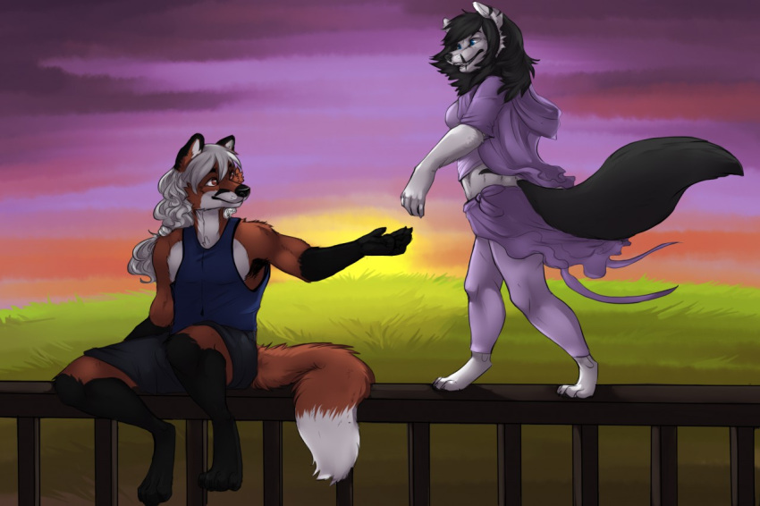 anthro bottomwear canid canine canis clothing duo female fox grass happy hoodie jazmine_wolfe male mammal plant rail red_fox shapeshifterprincess shirt shorts smile sunset topwear true_fox