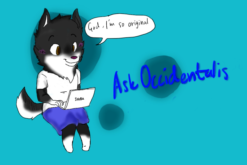 3:2 anthro canid canine canis canisfidelis chibi clothing dialogue digital_media_(artwork) english_text fur male mammal multicolored_body multicolored_fur occidentalis sarcasm smile solo text two_tone_body two_tone_fur wolf