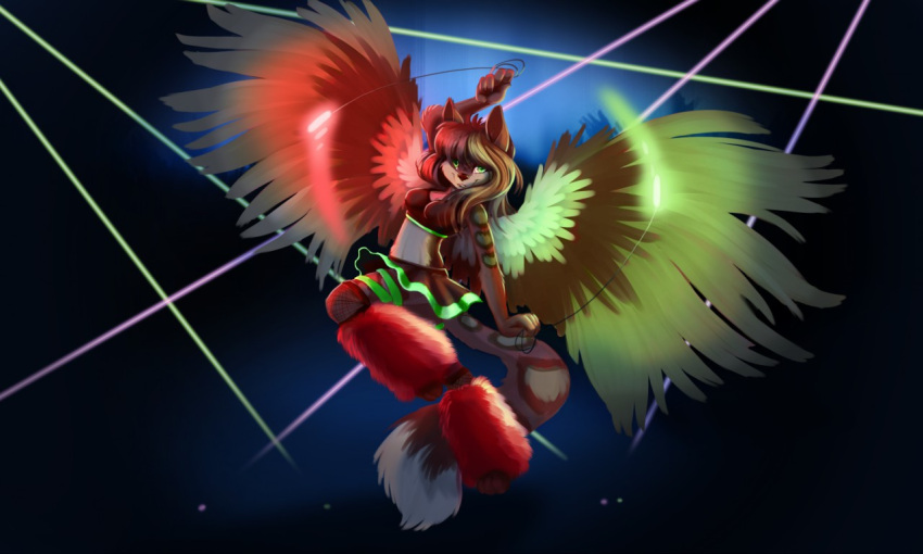 2015 5:3 dancing feathered_wings feathers female fluffies glowstick glowsticking glowstringing hybrid pusspuss rave red_fluffies solo unknown_species wings