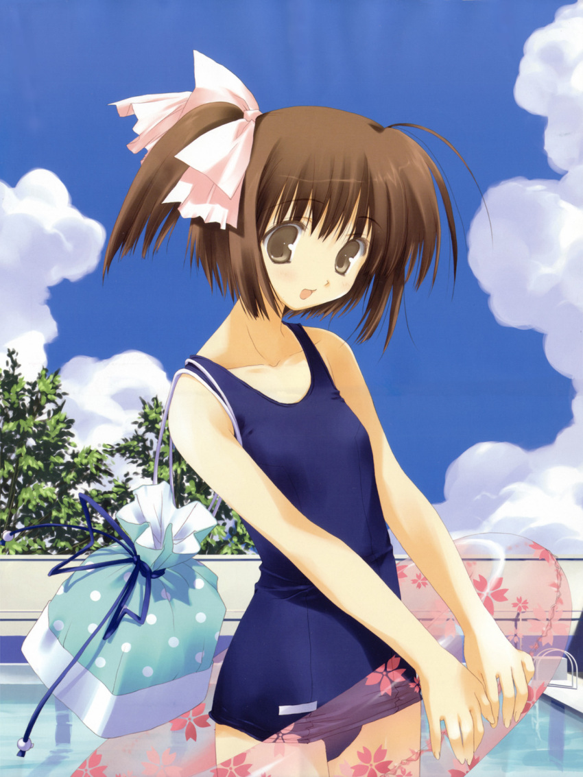 2000s_(style) bag bare_arms bare_shoulders blue_one-piece_swimsuit bow breasts brown_eyes brown_hair cloud cloudy_sky collarbone cowboy_shot female hairbow head_tilt highres innertube kida_emiri looking_at_viewer mitsumi_misato one-piece_swimsuit one_side_up open_mouth outdoors pool school_swimsuit short_hair shoulder_bag sky small_breasts solo swim_ring swimsuit tenshi_no_inai_12-gatsu thighs tree white_bow