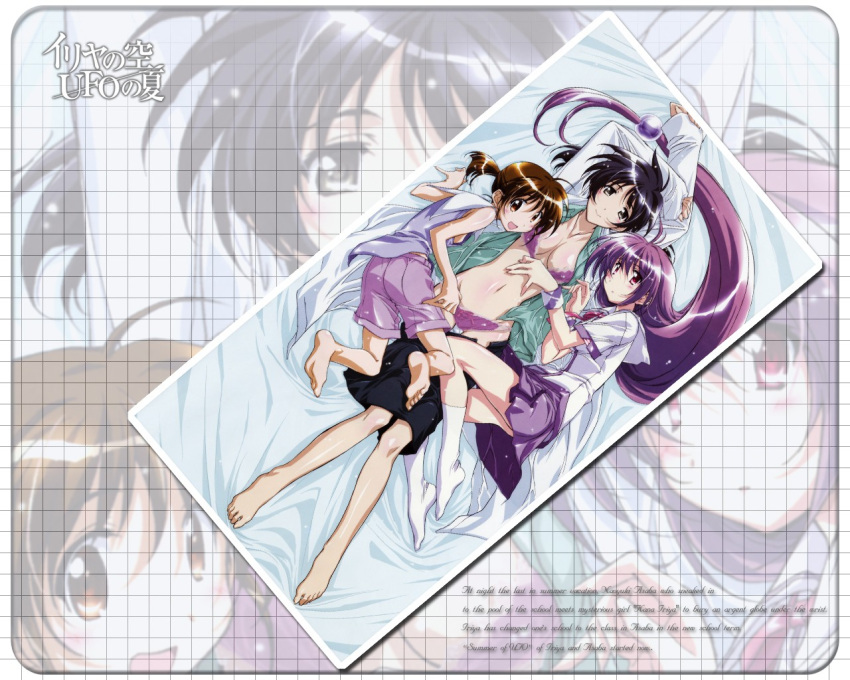 3girls asaba_yuuko black_hair bra brown_hair from_above iriya_kana iriya_no_sora_ufo_no_natsu kurashima_tomoyasu lingerie long_hair lying multiple_girls panties purple_hair shiina_mayumi underwear very_long_hair