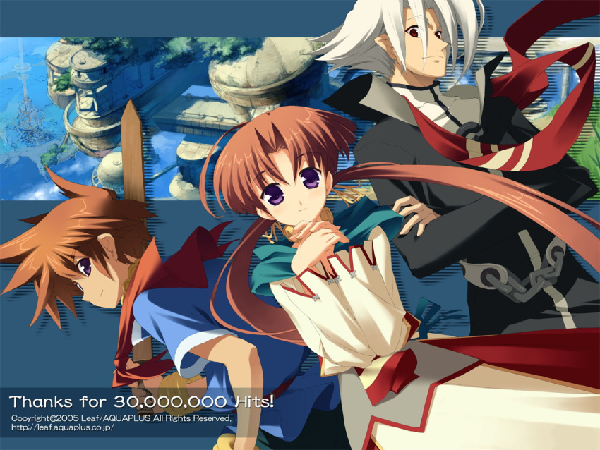 2boys ahoge arawn arthur_(tears_to_tiara) blush bracelet brown_hair cape crossed_arms female jewelry leaf_(studio) long_hair long_sleeves looking_back milestone_celebration multiple_boys official_art official_wallpaper ohara_tometa own_hands_clasped own_hands_together pointy_ears purple_eyes red_eyes riannon scarf short_hair smile spiked_hair sword tears_to_tiara turtleneck twintails very_long_hair water weapon white_hair