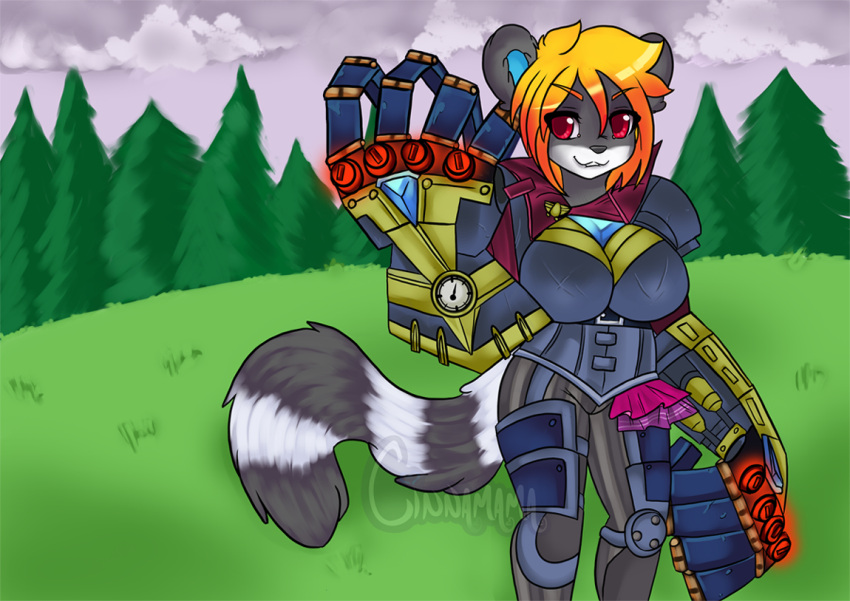 anthro armor blonde_hair breasts breya cinnamama cosplay female hair league_of_legends lemur machine mammal military outside plant power_armor primate red_eyes riot_games soldier solo strepsirrhine tencent tree vi_(lol) warrior watermark