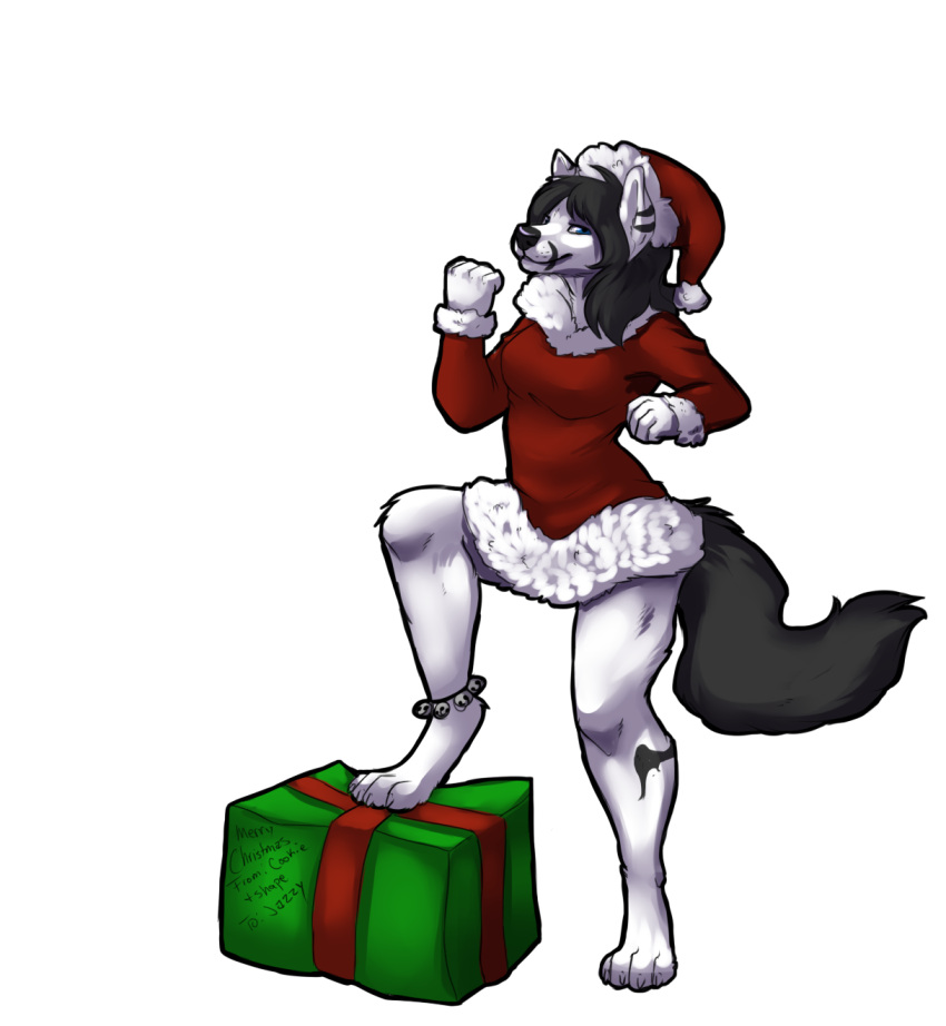 anthro biped canid canine christmas clothing conquer dress female fur_trim_(clothing) gift hi_res holidays jazmine_wolfe mammal shapeshifterprincess solo standing step_pose