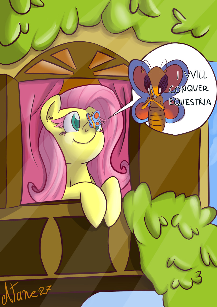 2014 absurd_res ambiguous_gender arthropod atane27 blue_eyes building butterfly dialogue digital_media_(artwork) duo english_text equid equine eyelashes female feral fluttershy_(mlp) friendship_is_magic hair hasbro hi_res horse house inner_ear_fluff insect_wings insects inside lepidopteran lepidopteran_wings mammal my_little_pony nude pink_eyelashes pink_hair plant pony shaded size_difference smile text tree tuft window wings