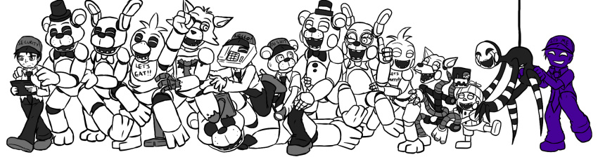 animatronic anthro avian balloon_boy_(fnaf) bird bonnie_(fnaf) bow_(feature) bow_tie chica_(fnaf) clothing conga_line exposed_endoskeleton eye_patch eyewear five_nights_at_freddy's five_nights_at_freddy's_2 for_a_head foxy_(fnaf) freddy_(fnaf) golden_freddy_(fnaf) group happy hat headgear headwear hi_res hook hook_hand humanoid jeremy_fitzgerald lagomorph leporid machine male mammal mangle_(fnaf) marionette_(fnaf) mike_schmidt namelessanon object_head phone_guy_(fnaf) pirate purple_man_(fnaf) rabbit robot scottgames smile teeth toy_bonnie_(fnaf) toy_chica_(fnaf) toy_freddy_(fnaf) william_afton_(fnaf)