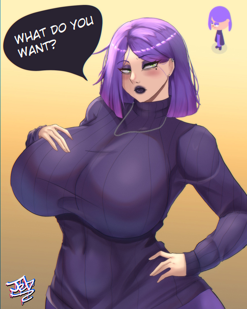 1girls 2024 big_breasts curvy goth goth_girl gothic green_eyes jebjebbz lily_(duolingo) lipstick looking_at_viewer purple_hair short_hair solo solo_female solo_focus sweater tagme text text_bubble voluptuous