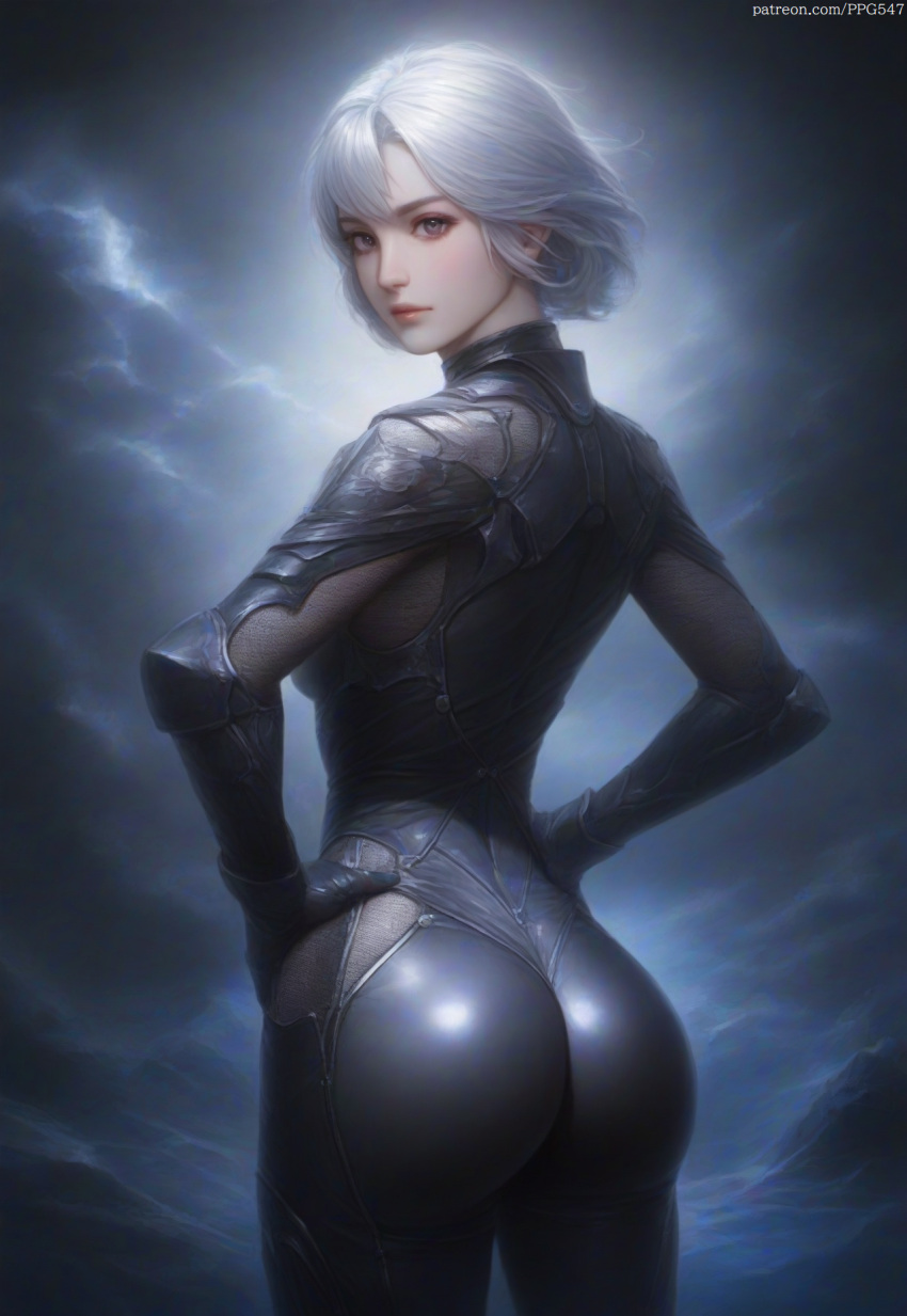 1girls ai_generated ass bangs bodysuit gloves grey_eyes hands_on_hips looking_at_viewer nai_diffusion original original_character pujopg rear_view short_hair silver_hair slim_waist small_breasts solo solo_female storm tight_clothing