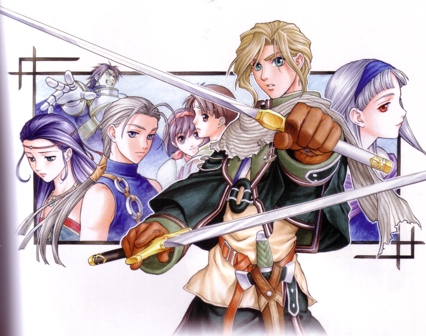 3girls 4boys antenna_hair armor belt blonde_hair blue_eyes blue_hair brown_eyes brown_hair cape circlet dual_wielding everyone evil_grin evil_smile fighting_stance frown gauntlets gensou_suikoden gensou_suikoden_ii gensou_suikogaiden gloves green_eyes grey_eyes grey_hair grin hair_ornament hairband highres holding ishikawa_fumi jewelry jillia_blight jowy_atreides-blight lipstick long_hair long_sleeves luca_blight makeup multiple_boys multiple_girls nanami_(suikoden) nash_latkje necklace official_art outstretched_arm outstretched_hand photoshop_(medium) ponytail profile red_eyes riou_(suikoden) scan scarf sheath shirt short_hair sierra_mikain sleeveless sleeveless_shirt sleeveless_turtleneck smile sword torn_clothes turtleneck weapon