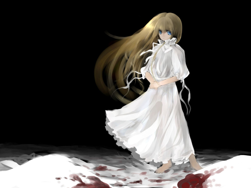 blonde_hair blood blue_eyes female hara_takehito highres long_hair original sad_girl_in_snow snow solo