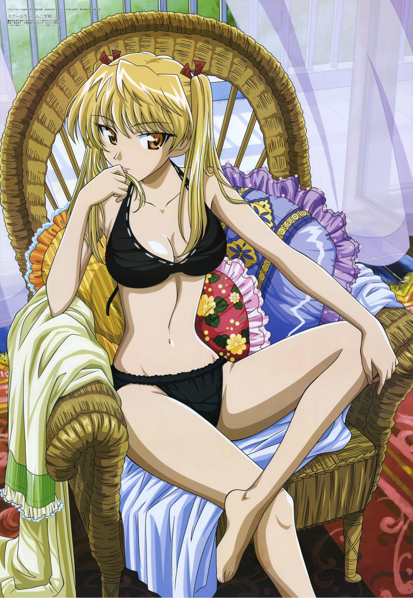 adjusting_hair balcony barefoot bikini black_bikini blonde_hair breasts carpet chair cleavage crossed_legs curtains day duplicate feet female figure_four_sitting floral_print frilled_pillow frills hair_over_shoulder hair_ribbon hand_on_own_knee hand_to_own_mouth hara_yumiko highres indoors large_breasts legs light_smile lipstick long_hair long_legs looking_at_viewer makeup megami_magazine narrow_waist non-web_source official_art open_door orange_eyes pillow pink_lips railing ribbon ribbon_trim sawachika_eri scan school_rumble sitting smile solo striped swimsuit transparent twintails vertical_stripes wide_hips