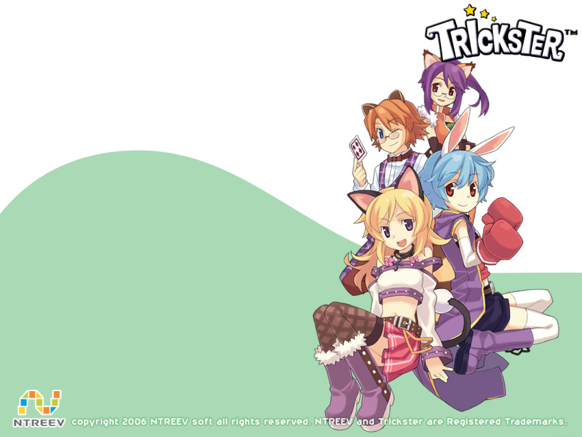 4girls animal_ears artist_request blonde_hair blue_eyes blue_hair boots brown_hair bunny_(trickster) cat_(trickster) cat_ears cat_tail fox_(trickster) fox_ears glasses midriff multiple_girls one_eye_closed purple_eyes purple_hair rabbit_ears rabbit_tail raccoon_(trickster) raccoon_ears red_eyes shorts skirt tail thighhighs trickster_(ntreev_soft) white_thighhighs zettai_ryouiki