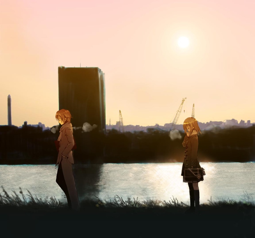 1boy brown_hair city closed_eyes crane_(machine) female glasses grass kida_tokinori kurihara_touko non-web_source outdoors river sky tenshi_no_inai_12-gatsu